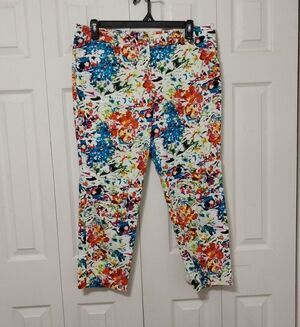 New Directions Women Cotton Ankle Pant High Rise Stretch Colorful Splash Size 16